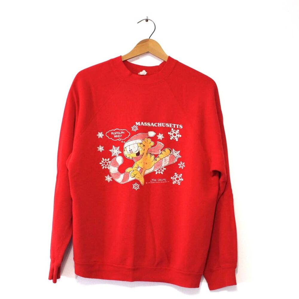 Vintage 80s Garfield Massachusetts Christmas Sweatshirt XL Red Holiday